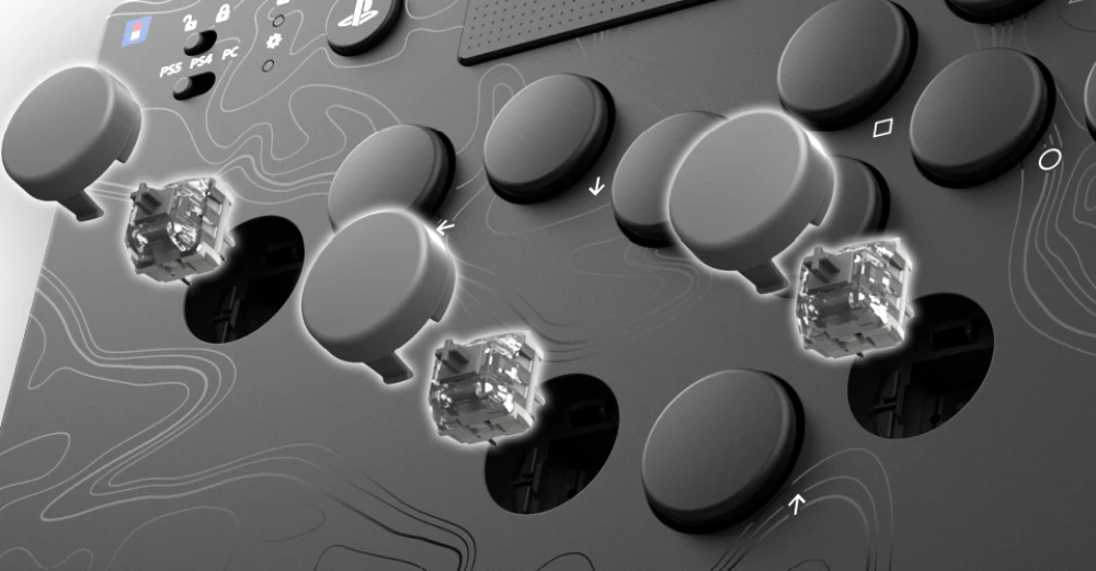 キースイッチ型の構造。キーキャップを外すと、基板に実装された透明なキースイッチが現れる（HORI NOLVA）